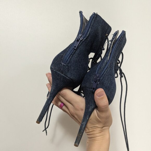 *3/$10* Shoedazzle Latie Stiletto Denim Laceup Booties Blue Size 7.5 - Picture 4 of 6